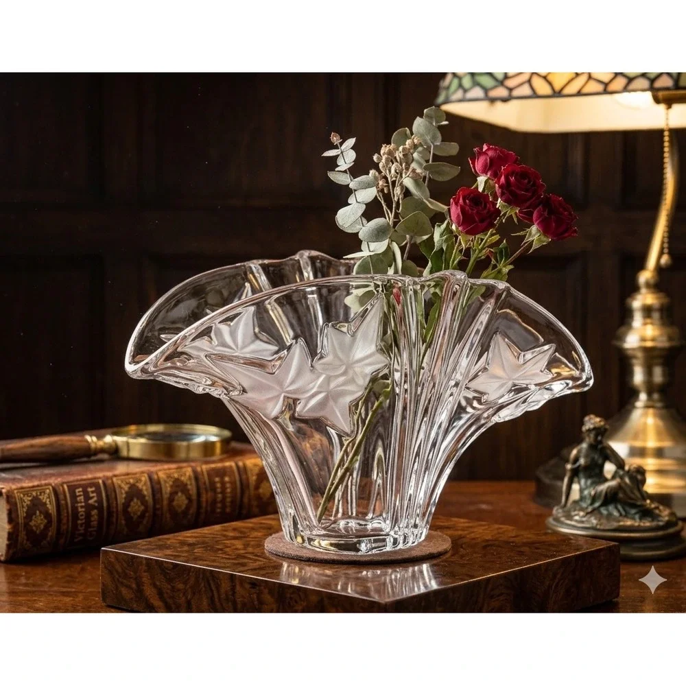 Vintage Crystal Fan Vase Frosted Ivy Leaf Flared Ribbed Art Deco Style Centerpc